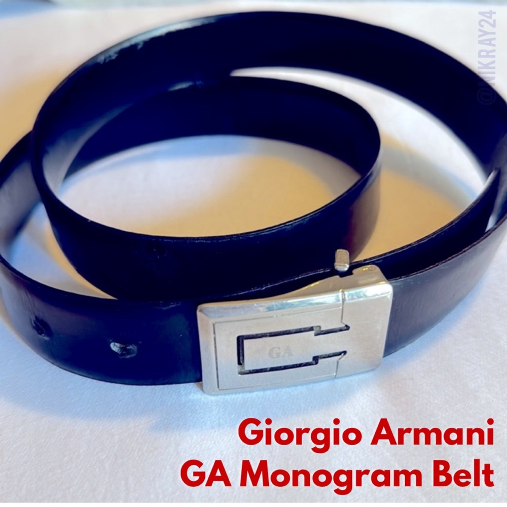 Giorgio Armani GA Black Leather Belt Monogram GA Silver Buckle, Pre-owned